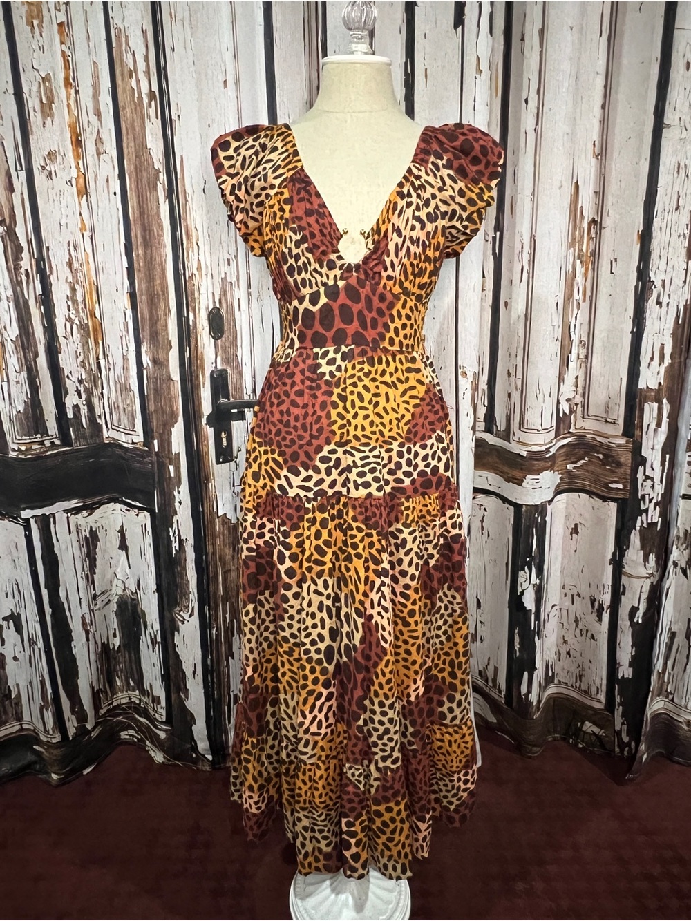 V-Neck Leopard Print Maxi Dress in Brown and Gold Tones